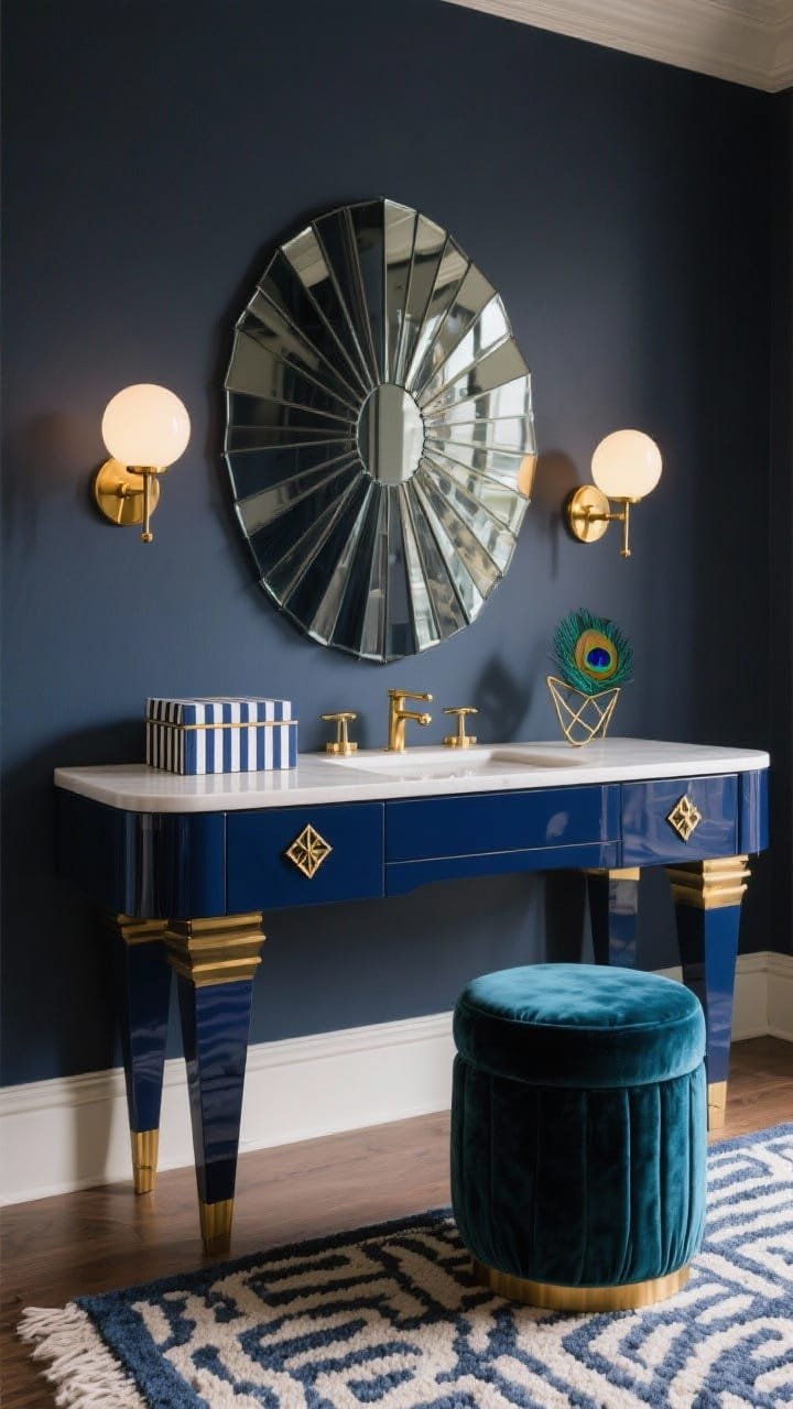 Medium-wide, straight-on: An Art Deco-inspired midnight vanity with a deep-navy console on stepped legs finished in satin paint. Above it, a sculptural fan-edged mirror made of smoked glass segments. Lighting: two opal globe sconces with burnished brass backplates mounted low to feel theatrical, casting warm, even glow. Hardware swapped to geometric brass pulls. Accents: a striped lacquer box on the surface and a peacock-hued velvet stool tucked in. Palette of midnight blue, cream, and burnished brass; textures of satin paint, smoked glass, velour. A patterned wool runner anchors the scene beneath the vanity. Moody sophistication, no people.