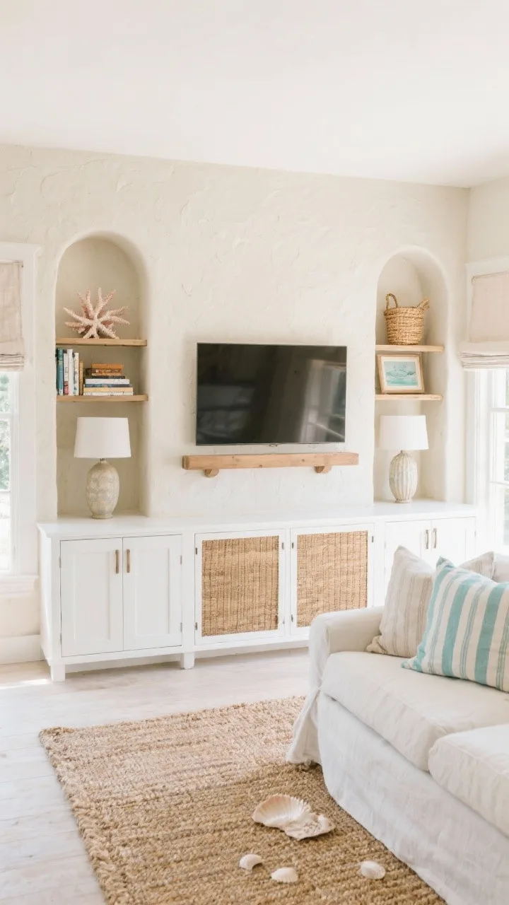Medium-wide, straight-on: Coastal built-in media wall in creamy plaster with two arched niches flanking a floating TV. Niches styled with coral, woven baskets, and stacked art books. Soft white oak base cabinets with rattan cane fronts. Slipcovered sectional with striped throw pillows, seagrass rug on the floor. Palette of sand, shell white, and sea-glass blue. Details include a micro-plaster finish, linen Roman shades, and ceramic lamps. Bright, breezy daylight.