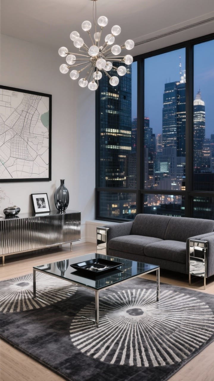 Medium wide, urbane photorealistic high-rise living room at night: floor-to-ceiling windows revealing skyline. Low, sleek charcoal wool sofa flanked by mirrored end tables reflecting city lights. Rectangular glass coffee table with polished steel frame on a charcoal-and-silver Art Deco rug featuring fan bursts and sharp lines. Behind seating, a console with ribbed metallic fronts. Modern Sputnik chandelier with frosted globes overhead, oversized city maps in thin black frames on wall, smoked glass vases, chrome photo frames, black lacquer tray. Crisp and reflective; no people.