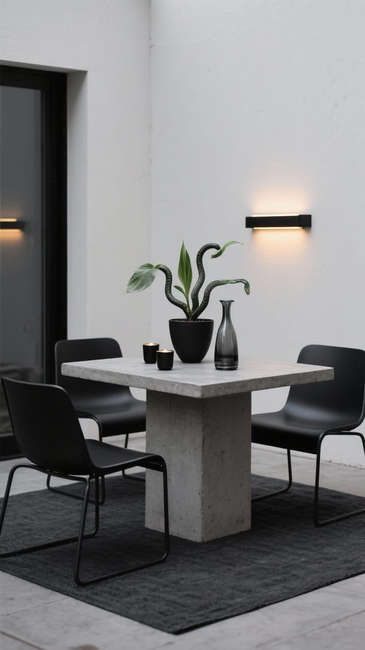 Minimalist black-and-concrete cocktail pad, tight medium shot: square concrete pedestal table with two black powder-coated slim-profile chairs on a charcoal outdoor mat. Decor is restrained&mdash;a single sculptural planter with a snake plant, smoked glass carafe, and matte black tea-light cups. A linear wall sconce with warm LEDs mounted on a clean wall creates a soft, modern glow. Palette: charcoal, black, soft gray, eucalyptus green; materials: concrete, powder-coated metal, smoked glass.