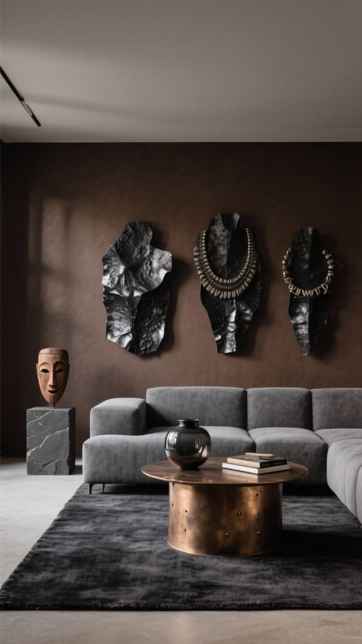 Minimalist medium shot: Espresso-stained walls, thick flat charcoal rug, and a low stone-gray modular sofa. Centered bronze-toned drum coffee table. A trio of blackened steel wall sculptures with hammered texture acts as the &ldquo;jewelry.&rdquo; A wooden mask on a plinth provides quiet drama. Styling: minimalist pottery, smoked glass vessel, leather-bound books. Palette: espresso, charcoal, stone, bronze, black. Moody, directional lighting with soft shadows.