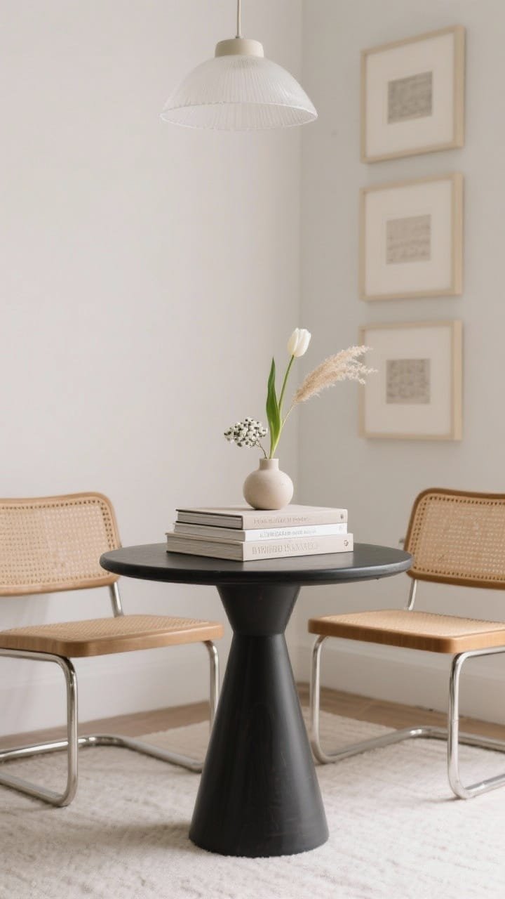 Minimalist medium vignette: two neutral linen-covered coffee table books stacked at the center of a black pedestal table, topped with a petite bud vase holding a single stem (snowberry/white tulip/pampas sprig). Cane-back chairs, a milk-glass pendant overhead, and a narrow gallery wall of cream frames complete the restrained palette.