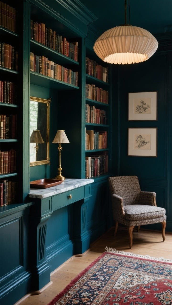 Moody closeup detail of a library foyer: deep ink blue (or forest green) painted millwork bookcase with a slim marble-topped console tucked below. Antique-style brass picture light above a small salon wall of framed sketches. Foreground shows edge of a Persian-style runner and a leather tray on the marble surface; background hints at a petite tweed-upholstered accent chair. Soft glow from a pleated fabric pendant overhead, atmospheric and cozy. Palette: ink blue/forest green, oxblood, brass, ivory. Materials: painted millwork, marble, leather, wool. No people.