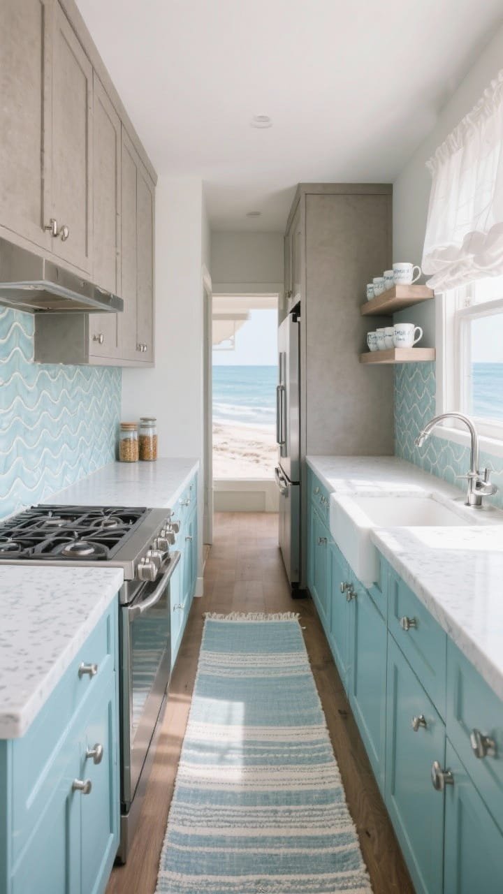 Narrow galley, overhead-detail perspective: A Seaside Glacier galley kitchen captured from above to emphasize length, with soft sea-glass blue lower cabinets and warm concrete-gray uppers. Rippled ceramic backsplash tile mimicking gentle wave patterns, polished chrome hardware, and white quartz counters with subtle ice-gray flecks. Cabinet-depth fridge and slide-in range for uninterrupted lines. Flatweave runner in pale denim and ivory along the floor, narrow floating shelves with neatly arranged mugs and spice jars, and a sheer white linen roman shade filtering bright coastal light. Photorealistic.