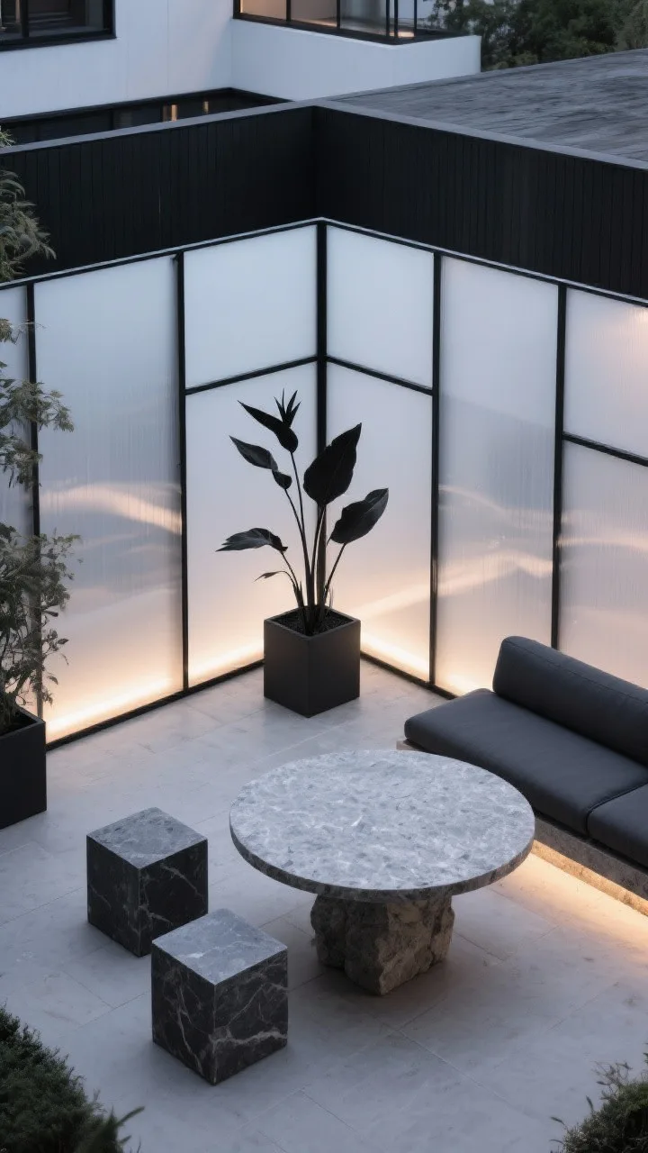 Overhead/detail hybrid, contemporary courtyard: frosted polycarbonate screen panels with slim black frames glowing from base uplights; vignette includes a round stone-look table surface with subtle texture, adjacent charcoal chaise edge and cube stools’ geometry; monochrome planters with a bird of paradise casting a soft silhouette through the frosted panels; dusk lighting with diffused glow; colors black, charcoal, cloud white, stone; materials polycarbonate, aluminum, composite stone; photorealistic.