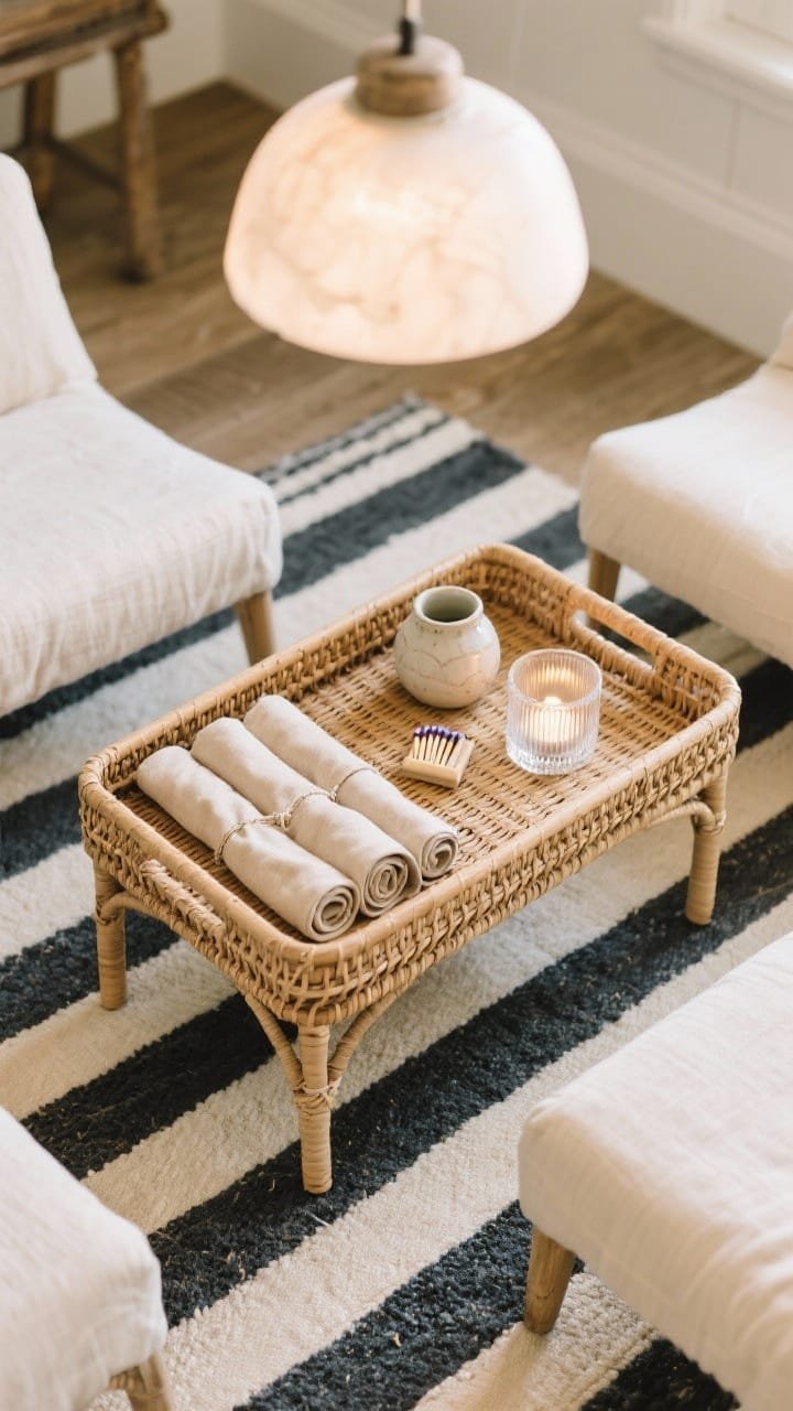 Overhead detail of a low rattan tray styled with rolled oatmeal linen napkins, a ceramic match striker, and frosted glass tea-light holders. Surrounding context: slipcovered chairs, a cream-and-charcoal stripe rug beneath, and an alabaster pendant casting a gentle glow. Functional, coastal-meets-modern farmhouse feel without kitsch.