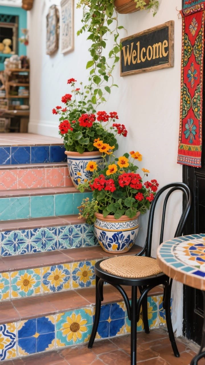 Overhead detail of artisan market mix: peel-and-stick patterned tiles on stair risers in cobalt, coral, teal, and sunflower tones, hand-painted ceramic pots overflowing with red geraniums, nasturtiums, and creeping jenny cascading, a black metal café chair with a small woven cushion partly visible, mosaic side table edge, embroidered door banner and bold “Welcome” plaque in the background blur, curated and global.