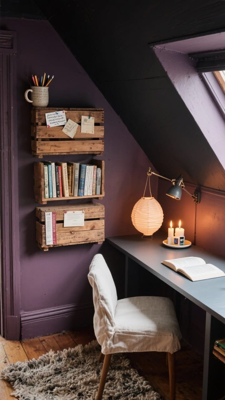 Overhead detail shot: A writer’s garret under a sloped ceiling painted soft blackened plum. Stacked stained wooden crates form modular shelves arranged vertically and horizontally, holding postcards and poems pinned above, paperbacks, and a stoneware mug filled with pens. A clip-on reading lamp with a warm bulb glows near battery candles on a saucer; a paper lantern softens the ceiling angle. Edges of a slim writing desk and a linen slipcovered chair with a cushy seat pad and a nubby wool rug visible. Imperfect, romantic mood, photorealistic.