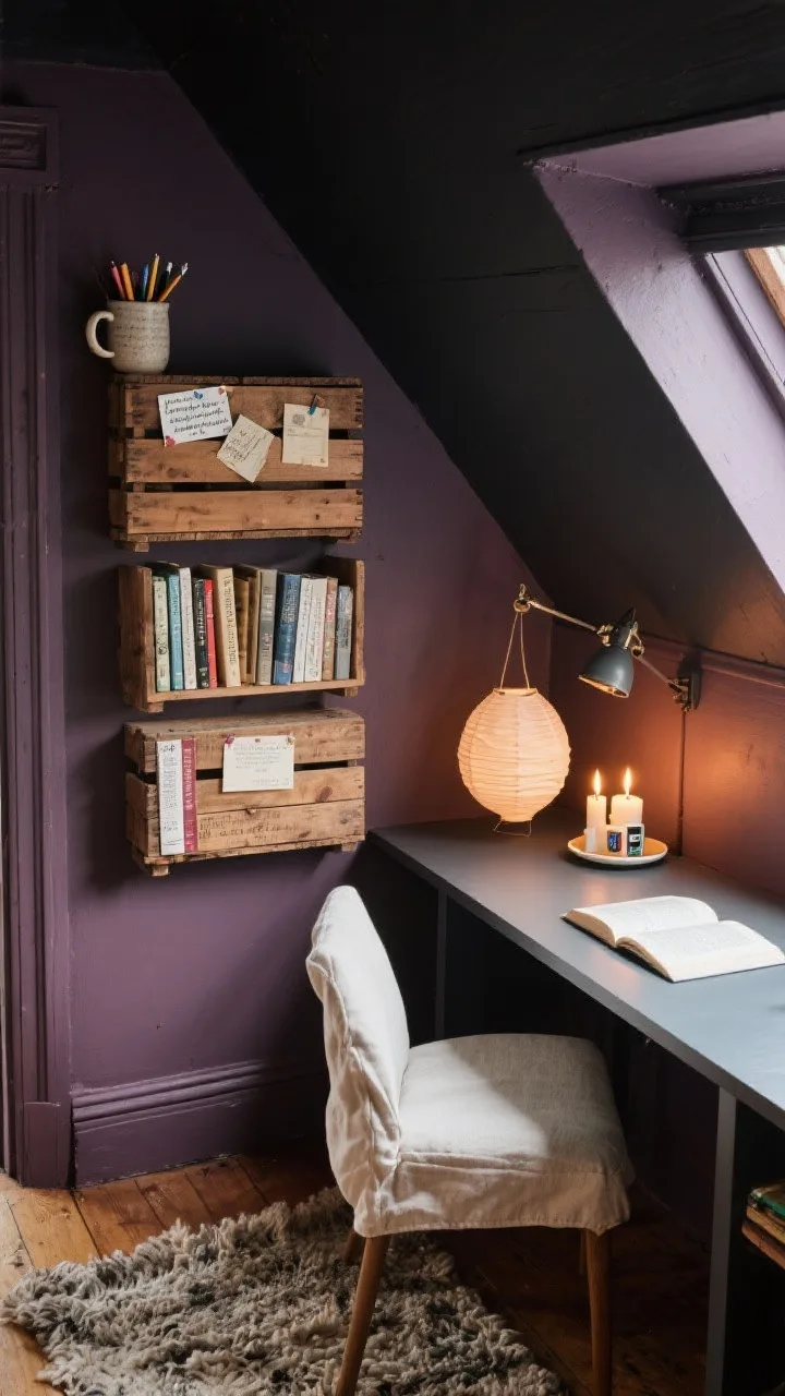 Overhead detail shot: A writer&rsquo;s garret under a sloped ceiling painted soft blackened plum. Stacked stained wooden crates form modular shelves arranged vertically and horizontally, holding postcards and poems pinned above, paperbacks, and a stoneware mug filled with pens. A clip-on reading lamp with a warm bulb glows near battery candles on a saucer; a paper lantern softens the ceiling angle. Edges of a slim writing desk and a linen slipcovered chair with a cushy seat pad and a nubby wool rug visible. Imperfect, romantic mood, photorealistic.