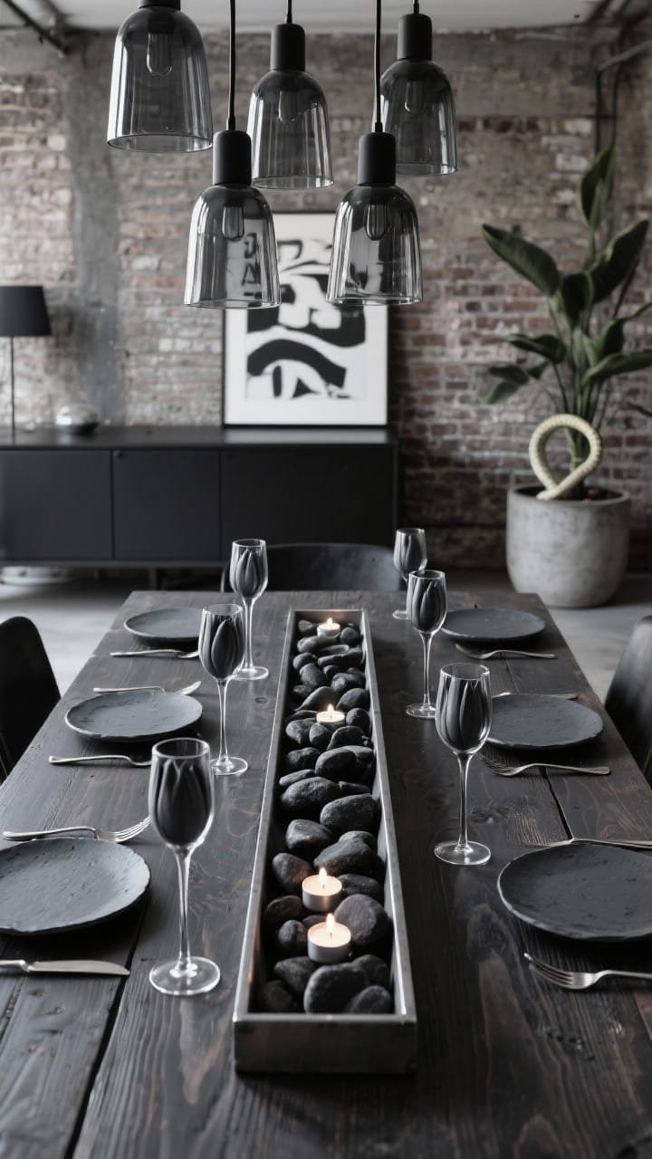 Overhead detail shot: An industrial loft tablescape on a charcoal-stained oak table with monochrome palette and chrome flashes. Center focus on charcoal tulip stem glasses with slender stems and a soft smoky tone, paired with slate chargers, matte porcelain plates, and angular stainless steel flatware. A steel trough centerpiece filled with black river stones and tea lights runs down the center. Soft reflections from clustered smoked-glass pendants above. Background suggestions of exposed brick and a low industrial credenza with black-and-white abstract art and a concrete planter with a snake plant. Photorealistic, urban ink mood.