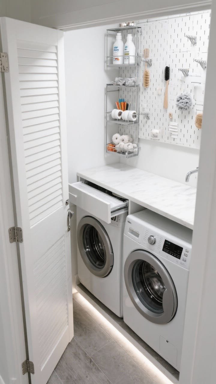 Overhead detail shot, Compact City Nook organization: closet-sized utility with slatted white sliding doors partially open to reveal stacked washer/dryer, flip-down wall-mounted folding table extended; above, a grid of metal pegboard panels holding lint rollers and brushes; narrow pull-out tower open with detergents, stain sticks, and dryer balls; crisp white and soft grey with chrome accents; concrete-look vinyl plank floor; slim LED light bar illuminating the interior; photorealistic, no people.