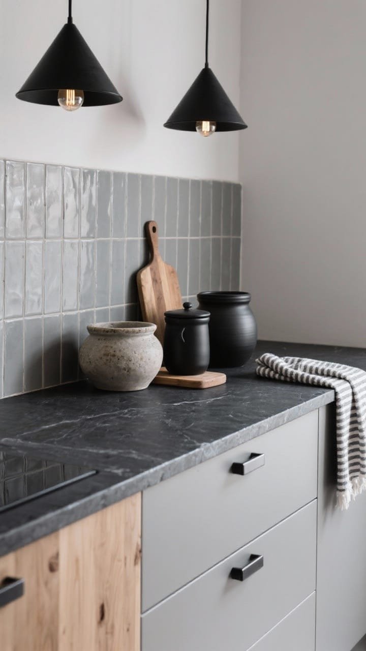 Overhead detail shot for Scandinavian Smoke styling: smoky gray cabinet top with soft black stone-look countertop, light ash wood accents peeking in frame. Muted gray elongated backsplash tiles laid vertically along the edge. Arranged stoneware crocks, wooden cutting boards, black ceramic canisters, and black-and-cream striped towels next to a nubby charcoal runner. Minimal brushed black pulls on drawer edge, warm bulbs from simple black cone pendants creating soft Nordic shadows.