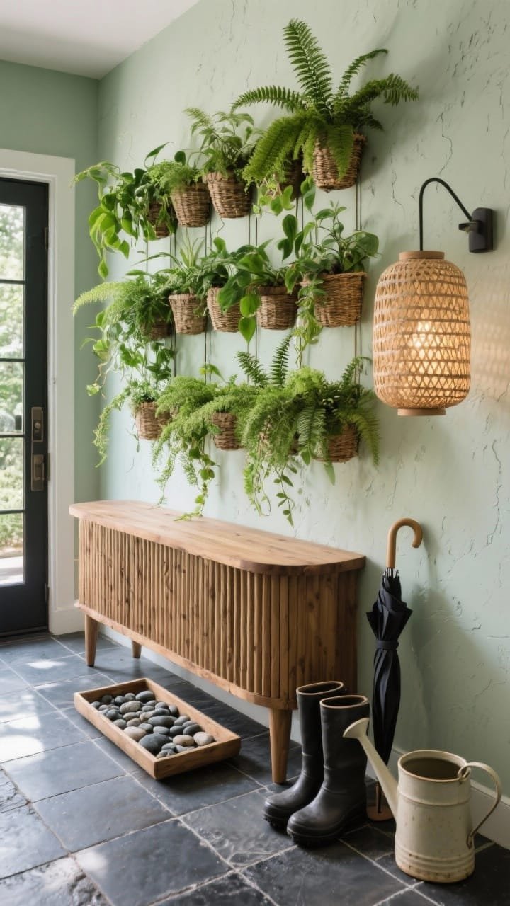 Overhead detail shot of biophilic entry zone: moss-toned limewash wall with grid of wall-mounted planters overflowing with cascading pothos and ferns. Below, fluted wood console with natural finish partially visible, slate or charcoal porcelain tile floor catching light. Pebble-filled tray for wet boots, compact umbrella stand, ceramic watering can styled as decor. Rattan lantern light casting gentle pattern. Fresh, living greenhouse glow. Palette: moss, sage, warm wood, charcoal. Materials: limewash, rattan, porcelain tile, ceramic. No people.