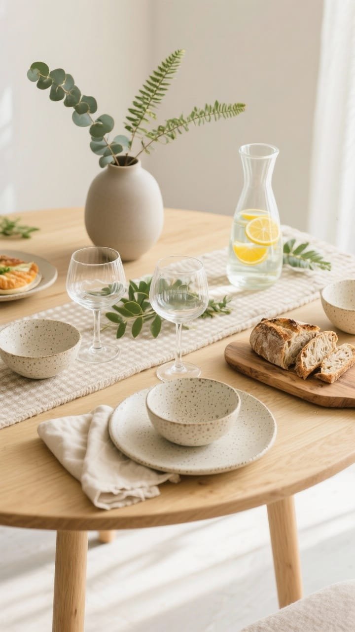 Overhead detail shot &mdash; Sculptural Scandinavian brunch on a round blonde wood table with tapered legs. At center, asymmetric stem wine glasses with gently off-center bowls arranged beside speckled stoneware plates, linen napkins, and a carved wooden breadboard with sliced rustic loaf. A checkered flax runner runs beneath; eucalyptus and fern stems in a matte ceramic vase add soft greenery. A glass carafe of citrus water (floating lemon slices) completes the scene. Palette: oatmeal, buttercream, soft maple, moss. Bright natural morning light from above, clean and cozy, photorealistic.
