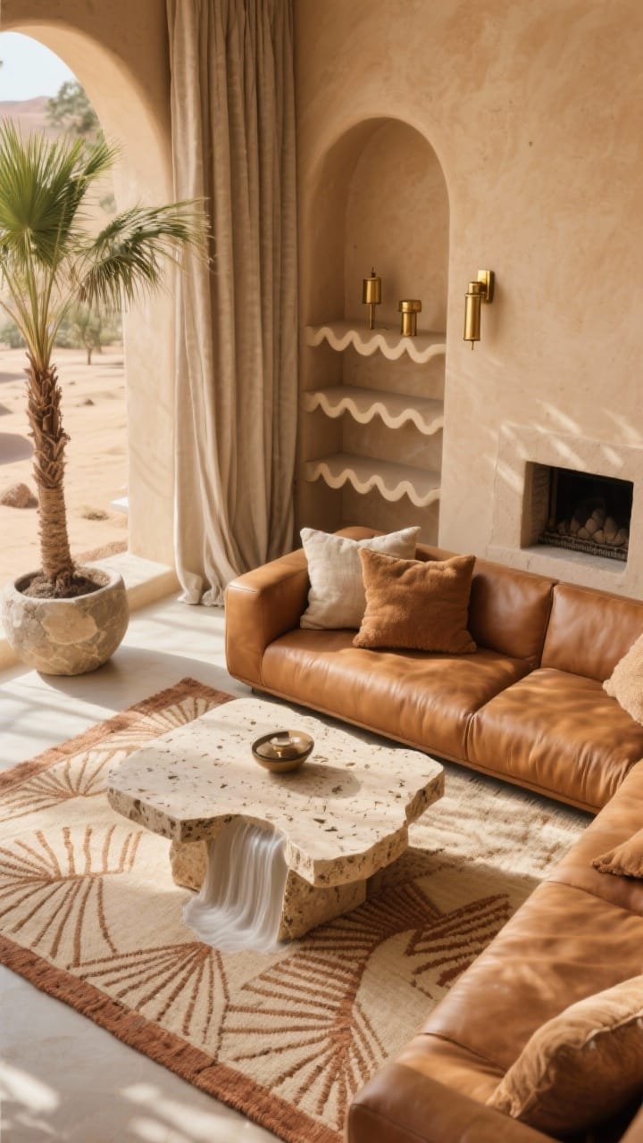 Overhead detail shot, sunlit photorealistic composition: tan leather sectional corner with linen drapes casting warm light across a fan-patterned flatweave rug in beige and clay. Travertine waterfall coffee table centered, its porous stone texture visible. Nearby, hints of scalloped edge shelving and a stepped plaster mantel in warm sand walls with a curved plaster arch. Brushed brass sconces add soft warmth, nubby pillows in earthy tones, tall palm fronds in a stone planter edging into frame. Calm desert Deco mood; no people.