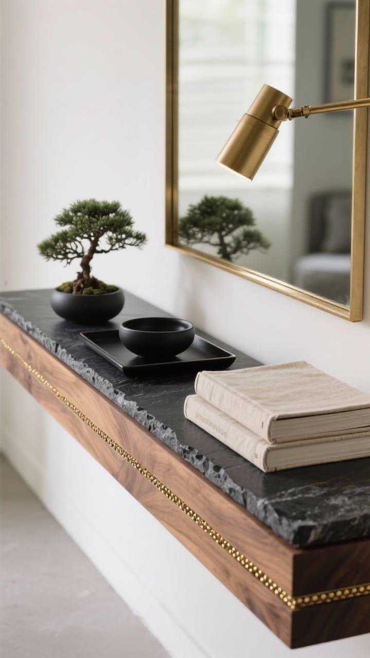 Overhead detail shot: thick floating oak shelf with tiny micro-brass inlays along the edge, paired with a dark charcoal basalt slab surface. Pencil-thin brass frame around the mirror partially in view; compact adjustable brass spotlight casting crisp highlights and soft edge shadows. Accents: black ceramic tray, small bonsai, stack of linen-bound books; palette natural oak, charcoal basalt, soft white. Crisp, architectural mood with warm undertone.