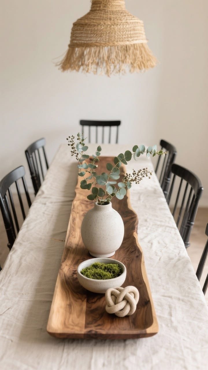 Overhead shot of a long olive wood tray centerpiece: pale concrete vase, small moss bowl, ceramic knot object, and a sprig of seeded eucalyptus for soft movement. Context hints include black spindle-back chairs edging the frame and a natural seagrass pendant above; palette reads oatmeal, charcoal, and sage, calm and breathable.