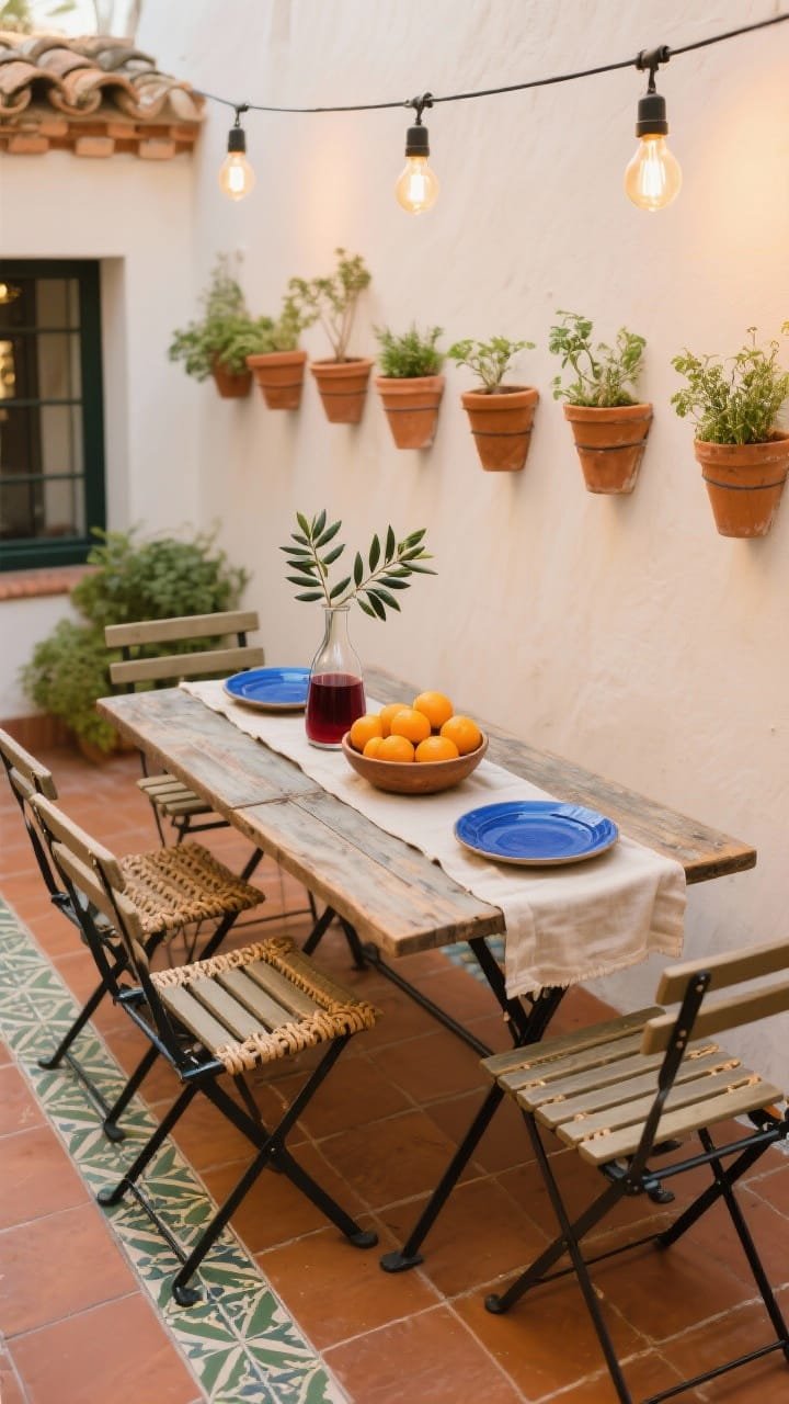 Overhead table scene in a micro Mediterranean courtyard: rectangular bistro table with a weathered wood top, folding caf&eacute; chairs with woven seats on a tile-patterned outdoor runner. Table styling includes blue ceramic plates, linen runners, a bowl heaped with oranges, a carafe of red wine, and olive branches in a bottle vase. Wall detail: a row of terracotta herb planters; string lights with warm Edison bulbs suspended above. Palette: terracotta, deep blue, olive green, linen; textures: woven seats, rustic wood, matte ceramics; golden hour glow.
