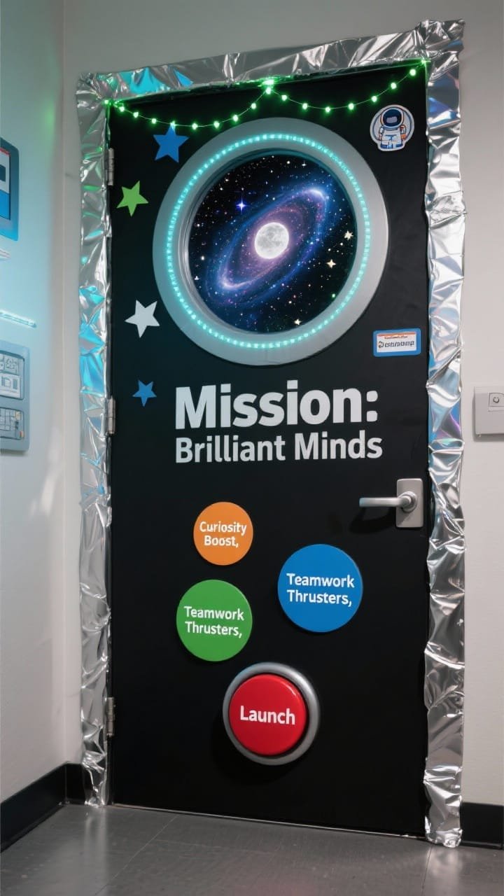 Photorealistic, angled medium shot from the hallway corner of a &ldquo;spaceship control panel&rdquo; classroom door: matte black paper base with silver duct-tape metallic frame, foil and holographic cardstock used for colorful round control buttons labeled &ldquo;Curiosity Boost,&rdquo; &ldquo;Teamwork Thrusters,&rdquo; and a big red &ldquo;Launch&rdquo; button near the handle; upper circular window shows a starry galaxy with swirling nebulas, glitter stars, and a paper moon; subtle LED string light halo glow around the window; title &ldquo;Mission: Brilliant Minds&rdquo; in futuristic block letters; mini astronaut badge name tags around the doorframe; palette of black, silver, electric blue, neon green; slight reflective highlights for a high-tech feel.