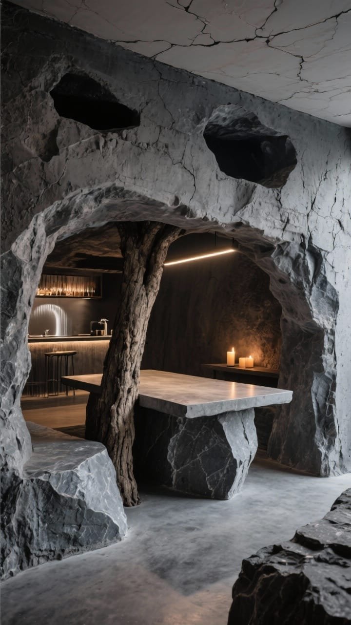 Photorealistic closeup detail of a basalt-like concrete wall niche carved deep, framing a tree trunk threading through overhead cutouts; tactile surfaces: bush-hammered concrete floors, rough plaster ceiling edge visible, cracked-edge stone slab acting as a communal table surface within the niche; bar area hinted in background with a cast-in-place trough sink and waterfall edge counter; narrow-beam spotlights grazing stone texture, warm candlelight flicker at dusk; cool, cave-like mood of a secret coffee grotto.