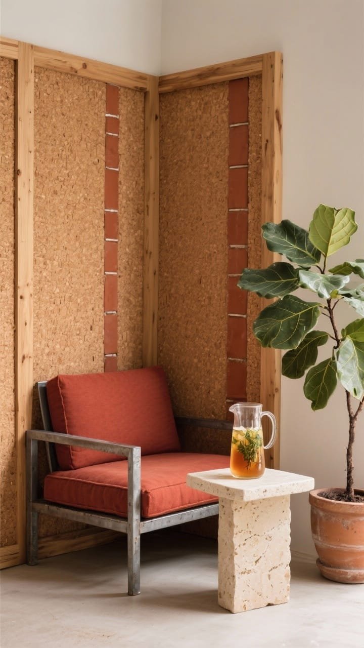 Photorealistic closeup detail of a sound-softening privacy nook: warm cork panels framed in sustainably harvested pine with vertical clay tile inserts adding rhythm and cooling. A corner of a compact loveseat in recycled aluminum shows brick-red cushions; beside it, a creamy travertine side table holds a glass pitcher of herbal iced tea with condensation. A potted fiddle-leaf fig (or hardy outdoor equivalent) softens the edge. Palette: warm cork, terracotta, brick red, creamy stone. Soft diffused light, straight-on texture study.