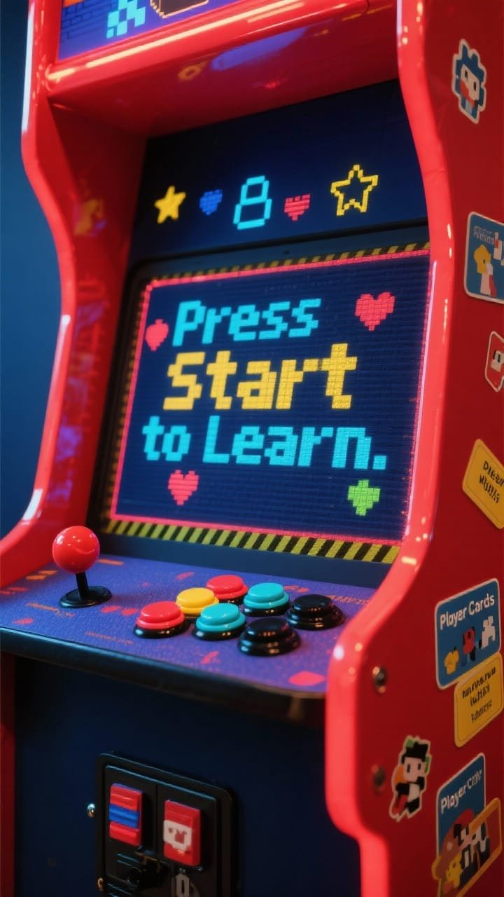 Photorealistic closeup detail shot of a retro arcade cabinet door section: deep navy background with a bright red cabinet frame, glossy vinyl sheen; pixel-font &ldquo;Press Start to Learn&rdquo; on a screen area; layered foam joystick and multicolor foam buttons with tactile edges; neon tape edging along the frame mimicking LED glow; 8-bit stars, hearts, and characters scattered; small &ldquo;Player Cards&rdquo; with student names arrayed along the side; palette of red, cobalt, neon yellow, cyan, and black; crisp, punchy lighting emphasizing glossy and foam textures for a vibrant, nostalgic vibe.