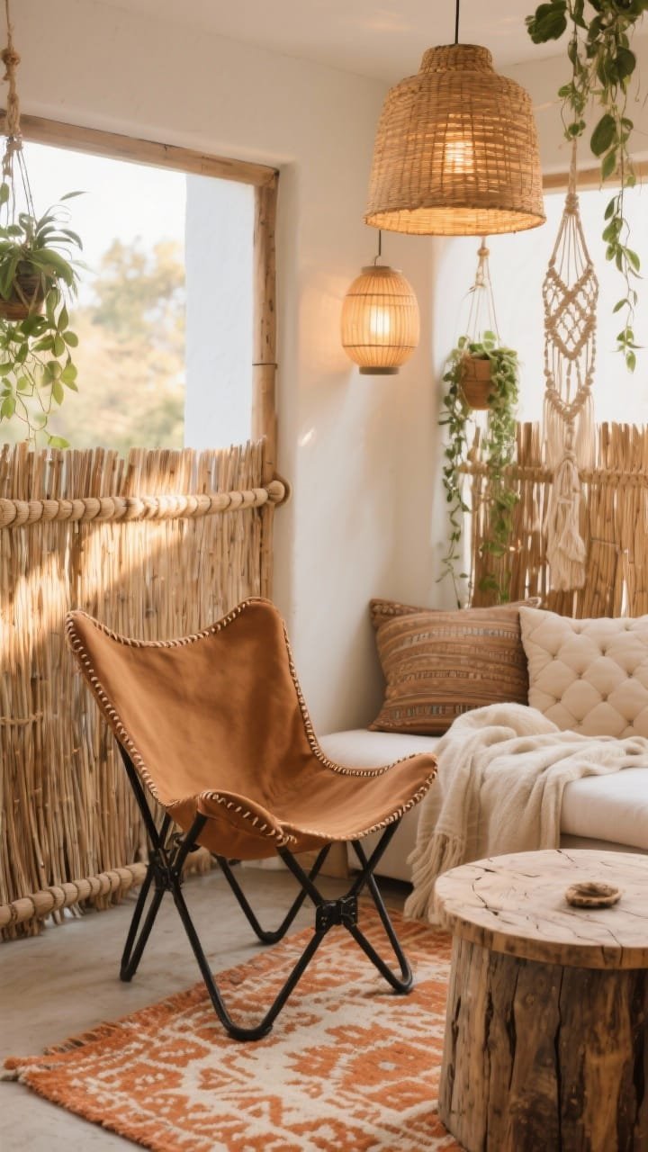 Photorealistic closeup detail shot of boho textures: rolled reed fencing clipped to a simple frame forming a softly opaque cocoon, warm sun filtering through. In the foreground, a caramel canvas butterfly chair edge with visible stitching, a patterned terracotta-and-cream rug beneath, and low weathered-wood drum table surface with subtle grain. Include a glimpse of tufted boho pillows and a lightweight cotton throw. Overhead rattan pendant lantern (battery-powered) softly glowing, and macramé plant hangers with trailing greenery cascading. Warm, romantic ambiance; tight focus on textures and materials; no people.