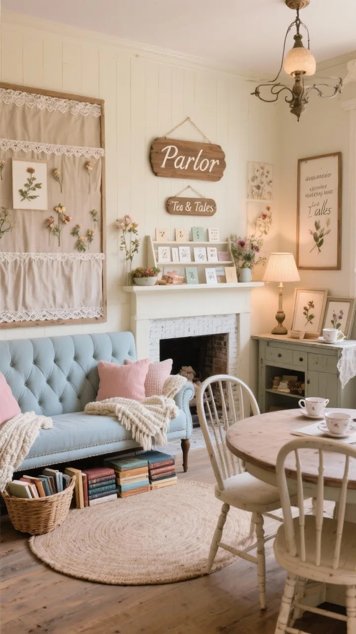 Photorealistic cozy medium shot of a cottage-style literacy lounge &ldquo;Parlor&rdquo;: buttercream, dusty blue, blush, and soft oat palette; a tufted bench with knitted throws; baskets of books beside a small round rug; faux fireplace mantle anchoring seasonal displays; bulletin boards covered in linen fabric with lace trim and hand-lettered headings on wooden plaques; &ldquo;Tea & Tales&rdquo; station with vocabulary cards tucked into teacups; spindle-back chairs and a round farmhouse table; framed quotes, pressed flowers, vintage-style lamps; warm, soft ambient lighting for a storybook charm.