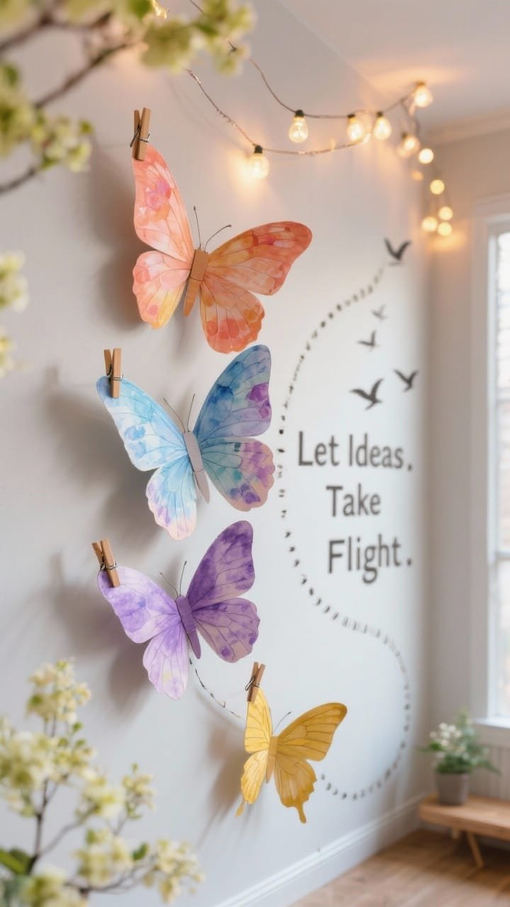 Photorealistic detail closeup of 3D butterflies clipped to a wall: symmetrical paper butterflies decorated with oil pastel patterns and watercolor washes in coral, sky, lavender, and goldenrod; wings folded slightly and attached with mini wooden clothespins, casting soft shadows; part of a swirling migration path moving diagonally across a corner; a subtle vinyl quote nearby reads &ldquo;Let Ideas Take Flight&rdquo;; warm string lights above add gentle sparkle and bokeh; cohesive, upbeat spring energy.