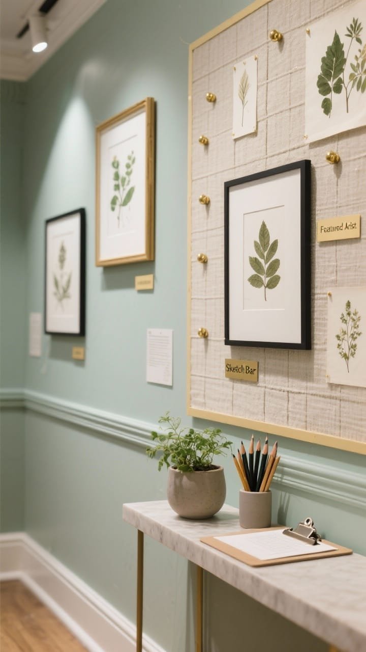 Photorealistic detail closeup of a botanical art gallery wall: sage, cream, gold, and charcoal palette; picture-frame molding tape gridding the wall; student work mounted like a curated exhibit with tiny brass labels; linen pinboard texture visible; gold pushpins; botanical prints and herbarium-style pressed leaves; matte ceramic plant pot with greenery on a narrow console &ldquo;Sketch Bar&rdquo; below holding graphite pencils and clipboards; soft, museum-like directional lighting with a subtle spotlight on a &ldquo;Featured Artist&rdquo; frame; refined, airy mood.