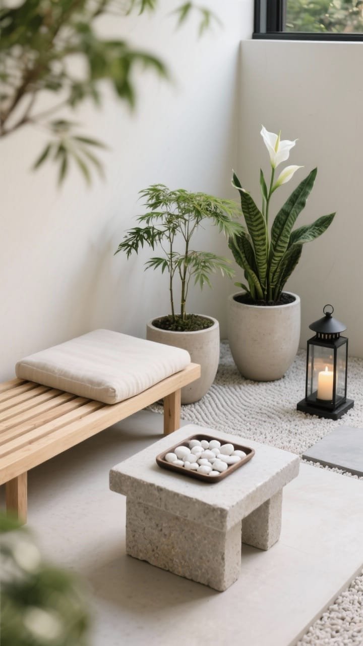 Photorealistic detail closeup of a Minimal Zen Courtyard texture study in soft natural light: pale wood slatted bench edge with a linen cushion, adjacent square stone/concrete-look side table; tray of white pebbles evoking raked gravel; the base of three large simple-silhouette planters featuring Japanese maple (or dwarf bamboo), snake plant, and white peace lilies; one black lantern with warm LED candle blurred in background; palette soft neutrals, fresh green, black accents; materials pale wood, stone, ceramic, linen; shallow depth of field, overhead-angled closeup, no people