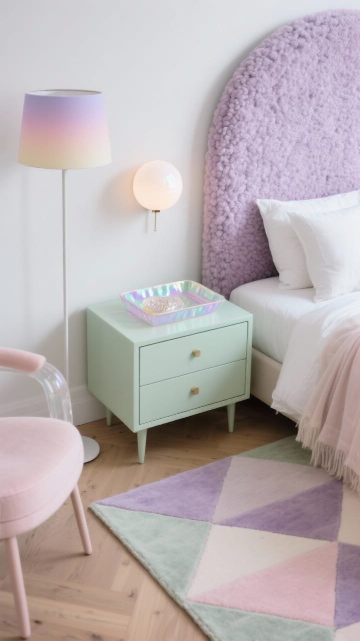Photorealistic detail closeup, slight overhead angle: soft geometry in pastel haze focusing on textures and decor atop a pale pistachio bedside cabinet next to a rounded lavender boucle headboard. Orb sconce glow reflecting off an iridescent tray and a resin catchall embedded with shimmer; a translucent pastel chair blurred in the background. A geometric area rug with soft-edged shapes (lavender, foggy pink, pale pistachio) peeks into frame; white oak floor beneath. Pastel gradient floor lamp casting atmospheric color wash across crisp white bedding with ombre pillowcases and a gauzy throw nearby. Dreamy, gallery-like mood, no people.