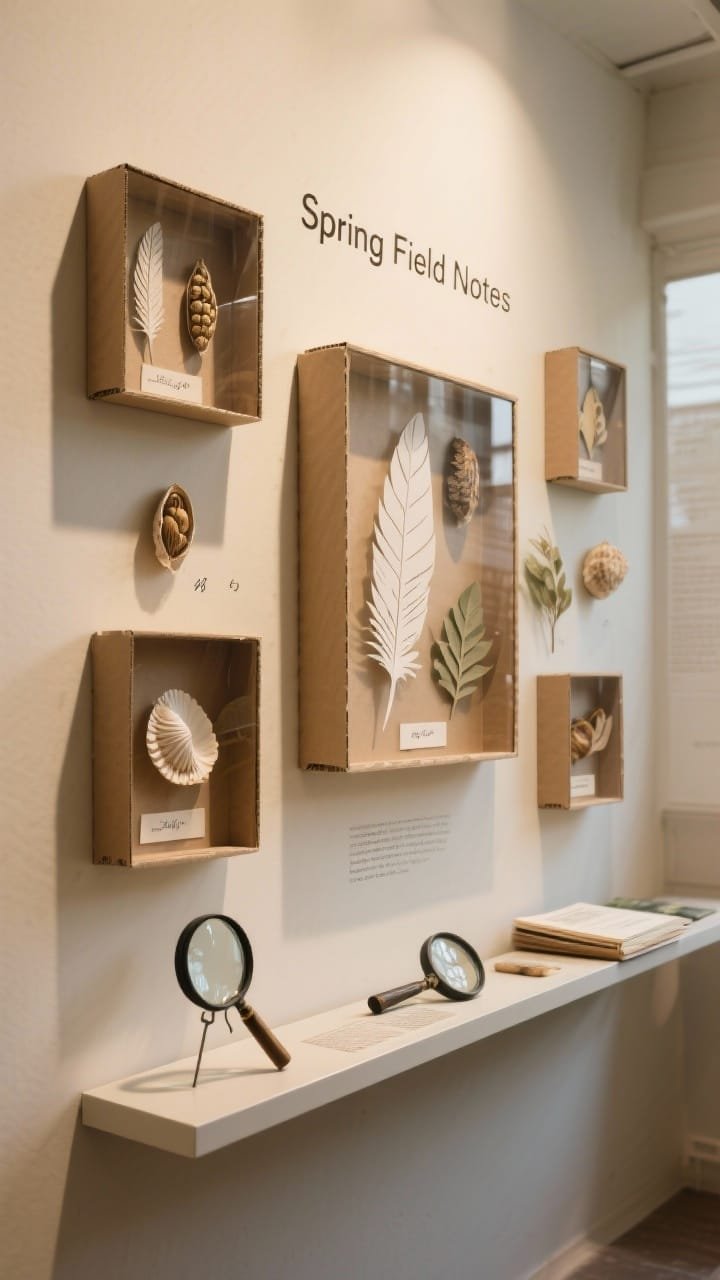 Photorealistic medium-close shot of a Nature Explorer wall with specimen-style shadowboxes: shallow boxes made from cereal-box cardboard with acetate &ldquo;glass,&rdquo; mounted on a neutral kraft/cream background; inside are paper-crafted feathers, seed pods, shells, and leaves, each neatly labeled and numbered with fine-line pens; cluster arranged organically&mdash;larger boxes in center, smaller at edges; a clean sans-serif header reads &ldquo;Spring Field Notes&rdquo;; a slim shelf below holds magnifying glasses and field guides; sophisticated, museum-like mood with soft directional lighting.