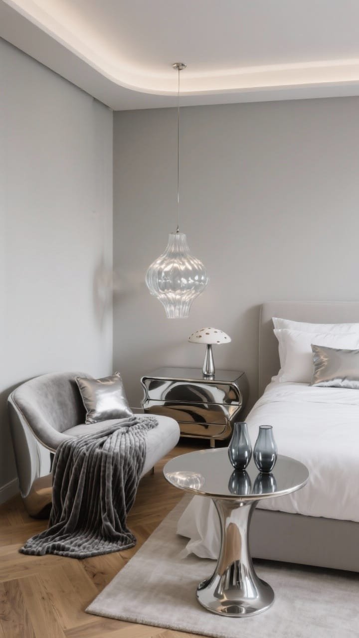 Photorealistic medium corner angle of a chrome oasis bedroom vignette: greige walls and oak flooring set a cool-neutral base. Curved chaise with biomorphic lines, mushroom bedside lamp, and a low glossy dresser. A polished chrome pedestal table with a rounded liquid edge as the statement piece. Crisp white percale bedding with a graphite duvet and a single metallic lumbar pillow visible on the bed edge. Ripple-glass pendant overhead casting gentle watery reflections. Ribbed velvet throw draped over the chaise and a pair of smoky glass vessels on the chrome table. Sleek, calming, subtly otherworldly lighting, no people.