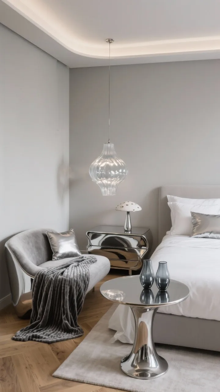 Photorealistic medium corner angle of a chrome oasis bedroom vignette: greige walls and oak flooring set a cool-neutral base. Curved chaise with biomorphic lines, mushroom bedside lamp, and a low glossy dresser. A polished chrome pedestal table with a rounded liquid edge as the statement piece. Crisp white percale bedding with a graphite duvet and a single metallic lumbar pillow visible on the bed edge. Ripple-glass pendant overhead casting gentle watery reflections. Ribbed velvet throw draped over the chaise and a pair of smoky glass vessels on the chrome table. Sleek, calming, subtly otherworldly lighting, no people.