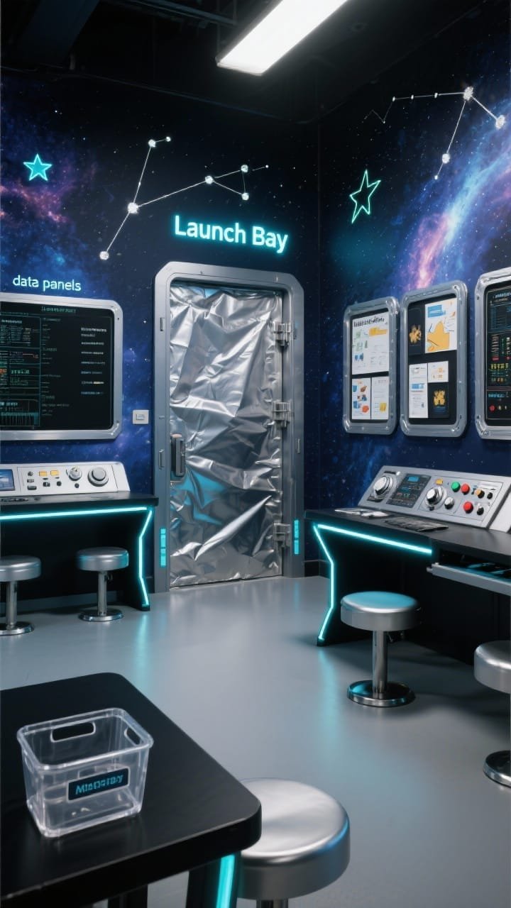 Photorealistic medium corner shot of a space command center classroom: deep navy walls with sponge-painted nebulas and constellations; glow-in-the-dark star decals; starlight silver and neon accents with black; door wrapped in metallic paper like an airlock with a &ldquo;Launch Bay&rdquo; sign; student work mounted on silver-bordered &ldquo;data panels&rdquo; labeled like mission readouts; a control panel corner with laminated switches and dials; black tables and silver stools; acrylic bins with neon labels; LED strip lights under shelves casting a cool spaceship glow; crisp, futuristic lighting.
