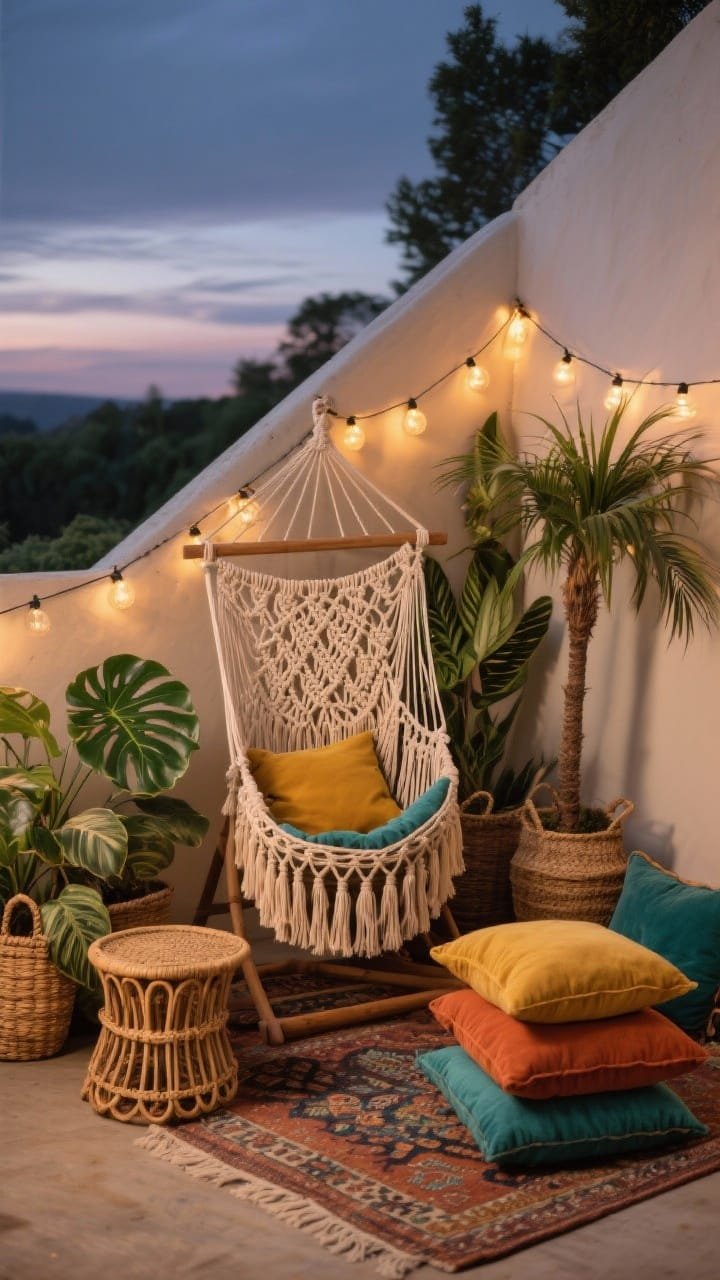Photorealistic medium shot of a Boho Hammock Hideaway at twilight: freestanding hammock chair stand with a woven/macram&eacute; tassel hammock chair; stack of floor cushions and a rattan side table; clustered plants in cane and seagrass baskets&mdash;monstera, calathea, and a dwarf palm; Moroccan-style outdoor rug; jewel-tone pillows in mustard, terracotta, and teal; fairy lights draped around the stand and railing using removable hooks; fringed throw casually placed; color palette earthy neutrals with warm jewel accents; angled perspective for cozy enclosure, no people