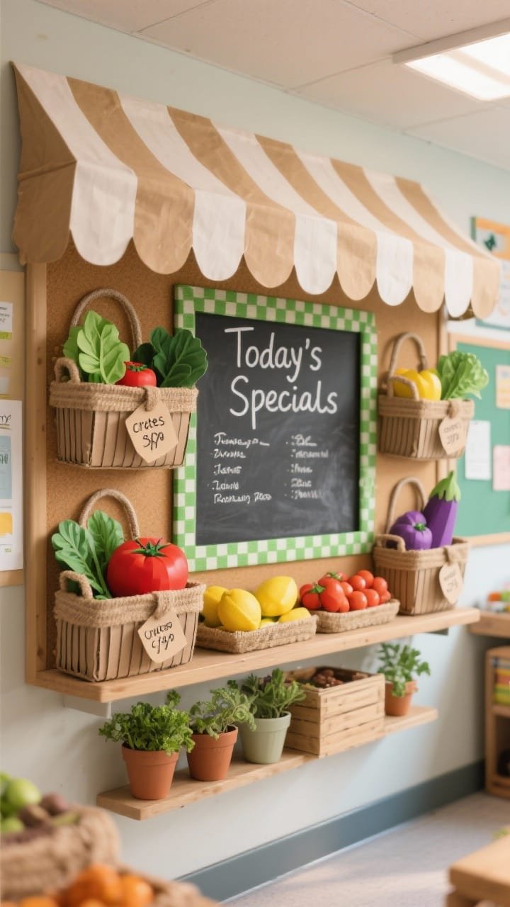Photorealistic medium shot of a bulletin board styled as a farmer&rsquo;s market: striped paper awnings at the top, kraft paper &ldquo;crates&rdquo; with corrugated cardboard texture and burlap ribbon handles, filled with vibrant paper produce still lifes (tomato red, leafy greens, lemon yellow, eggplant purple) each with hand-lettered price tags; a central chalkboard panel lists &ldquo;Today&rsquo;s Specials&rdquo; with neat writing; green gingham borders frame the board; a small shelf below holds real herb pots; cheerful, polished market vibe under bright classroom lighting.