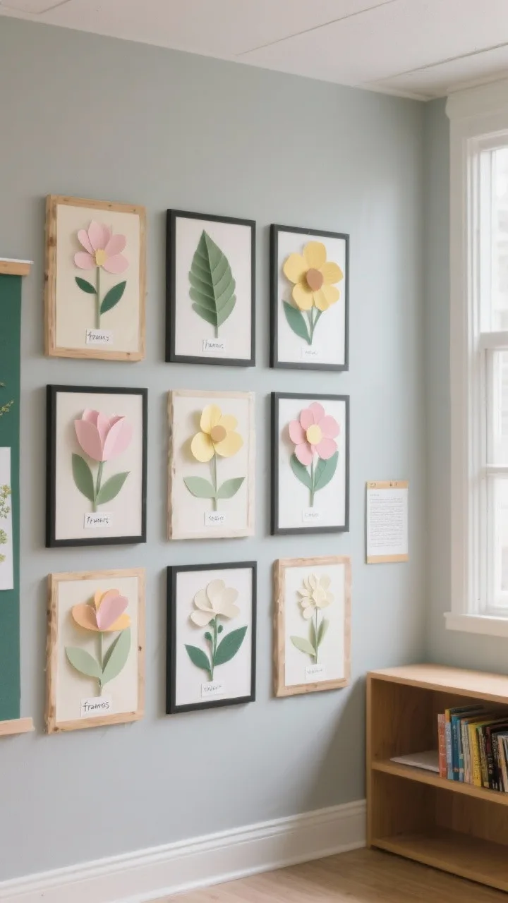 Photorealistic medium shot of a classroom wall styled as a modern botanical gallery: a tight grid of 9x12 cardstock floral panels with layered paper petals, leaves, and stems in a soothing palette of soft sage, blush pink, butter yellow, and cream; each panel has a tiny handwritten botanical tag; frames are black or natural wood, with some DIY paper &ldquo;frames&rdquo;; wall color is pale gray for contrast; a single small museum-style label at the side describes techniques; crisp, intentional gallery vibe near a reading nook shelf, soft natural daylight, straight-on view.