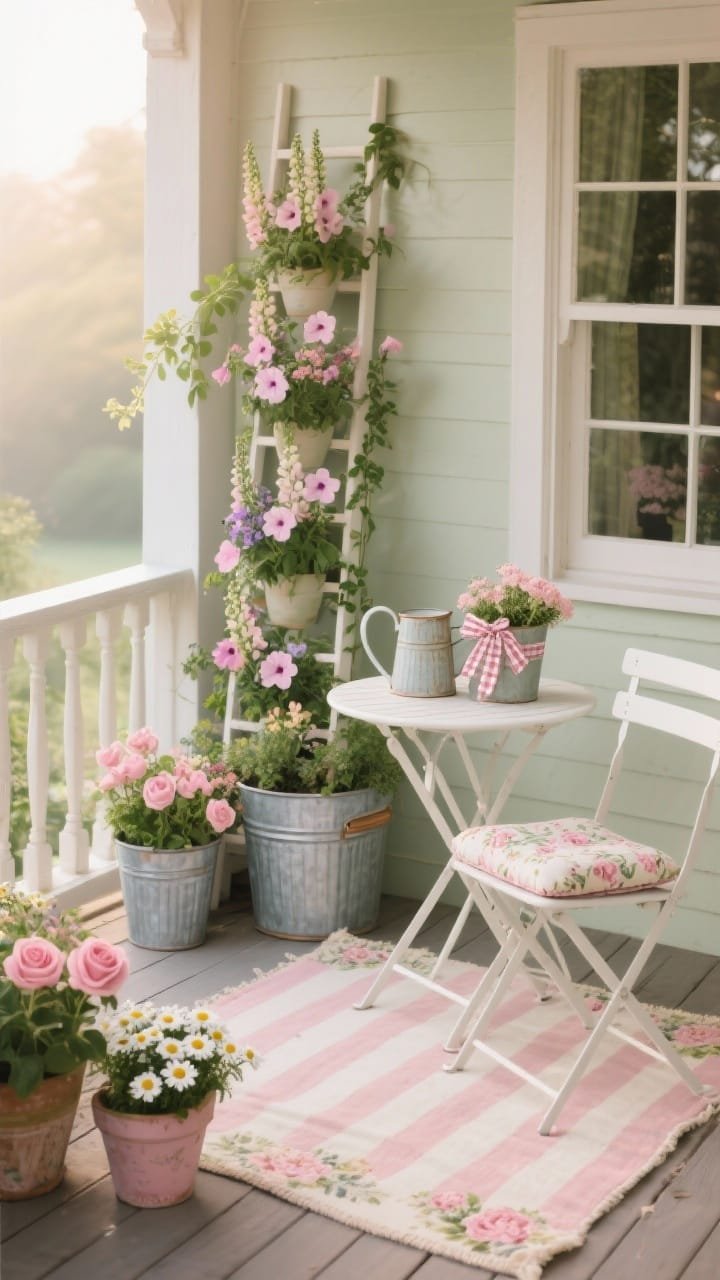 Photorealistic medium shot of a Cottage-Core Flower Porch in soft morning glow: folding white bistro set with curved backs and floral seat pads; free-standing plant ladder overflowing with pastel petunias, snapdragons, and trailing ivy; galvanized tubs and painted pots at base with pink patio roses and daisies; blush-and-cream striped outdoor rug; floral cushion on chair; gingham ribbon tied on one planter; vintage-style watering can set by the chair; palette blush, cream, soft sage, pops of pink; slightly elevated corner angle to showcase vertical blooms, no people