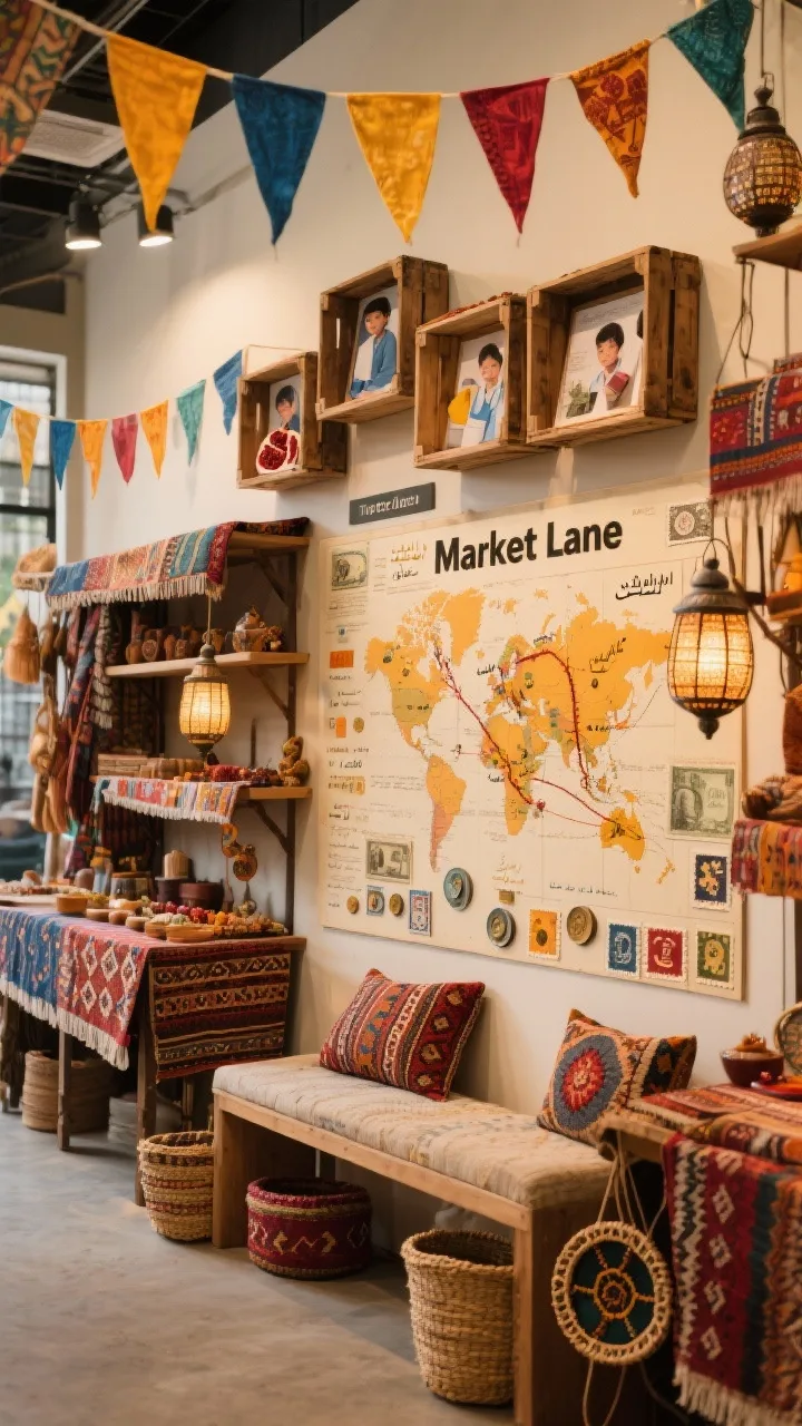 Photorealistic medium shot of a global bazaar &ldquo;Market Lane&rdquo; display: spice tones&mdash;saffron, turmeric, indigo, pomegranate&mdash;with warm neutrals; patterned textiles used as table runners on shelves; colorful pennant garlands overhead; rustic crates mounted as shadow boxes showcasing student work like artisan stalls; maps and postage stamp collages; language labels; a currency-inspired reward board with coin/token elements; low benches with kilim cushions and woven baskets; lanterns and embroidered hoops; string map with threads connecting projects to regions; warm, layered, travel-market vibe.