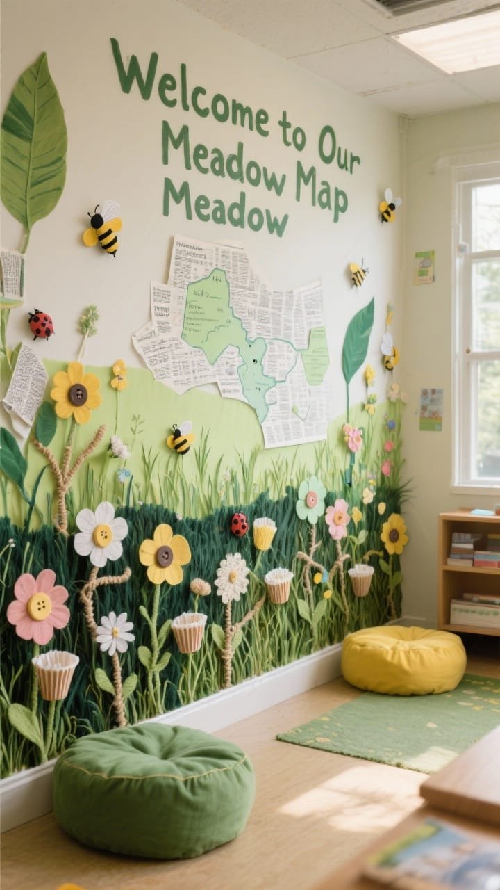 Photorealistic medium shot of a &ldquo;Meadow Map&rdquo; mixed-media wildflower field running along the bottom third of a classroom wall: textured layers of grasses with darker greens low and lighter greens mid; student-crafted wildflowers using cupcake liners, yarn stems, painted paper petals, buttons for centers, and raffia/twine accents; long painted newsprint leaf blades add movement; tiny paper bees and ladybugs tucked among petals; a hand-painted sign reads &ldquo;Welcome to Our Learning Meadow&rdquo;; nearby floor cushions in moss green and butter yellow; cozy, handmade feel with soft afternoon light.