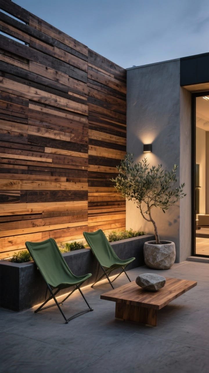Photorealistic medium shot of a modern horizontal slat privacy wall made from reclaimed hardwood, tones ranging from honey to espresso, with subtle grain variation. In front sits a charcoal concrete bench with built-in planters, paired with two olive-green sling chairs and a low cedar coffee table. A single sculptural stone planter with a dwarf olive tree anchors the scene. Evening setting with solar uplights washing the slat wall for dramatic shadows. Palette: charcoal, olive, caramel wood, warm gray. Clean lines, minimal styling, angled perspective.