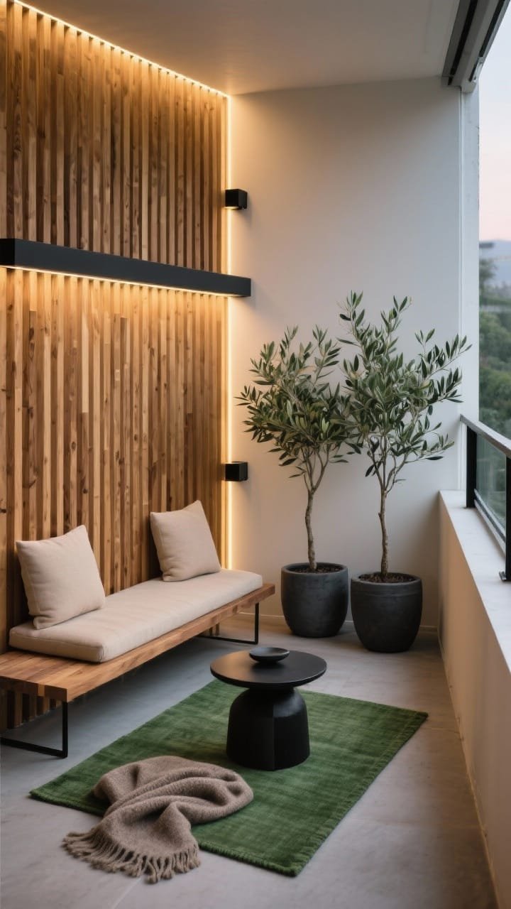 Photorealistic medium shot of a narrow balcony corner transformed into a modern nook: vertical cedar slat privacy screen with tight spacing mounted on matte-black brackets, slim LED strip tucked behind the slats casting a warm evening glow. Include a low-profile acacia bench with neutral sand cushions, a square olive-green outdoor rug, one chunky black side table, and two olive trees in charcoal planters. Color palette: honey wood, olive green, charcoal, black. Add a taupe wool-look outdoor throw draped casually. Shot from a slight corner angle to show depth and light filtering through slats; no people.