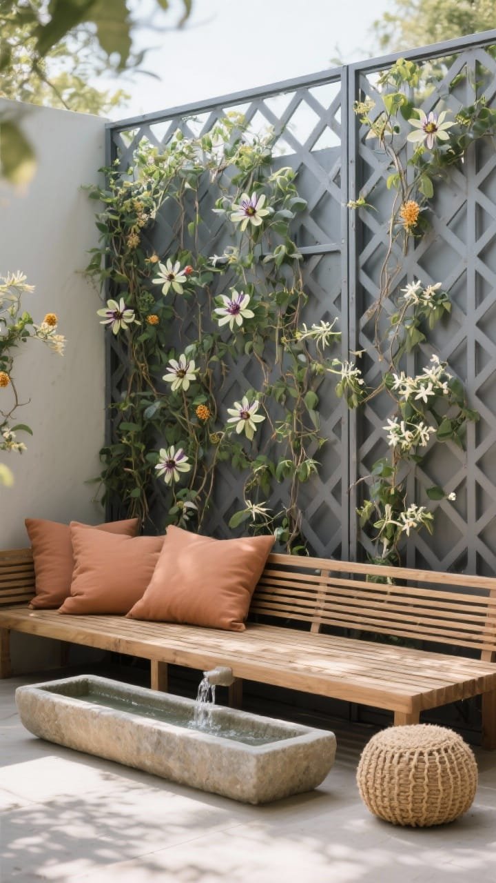 Photorealistic medium shot of a powder-coated recycled steel lattice privacy screen with a crisp geometric pattern, threaded with climbing vines&mdash;passionflower blossoms, star jasmine, and native honeysuckle weaving through. In front, a slatted acacia daybed layered with clay-colored pillows and a natural jute pouf. A narrow stone trough fountain runs along the base, water gently recirculating. Palette: graphite, clay, sage, natural jute. Soft dappled shade, slight breeze implied by vine movement, straight-on view.