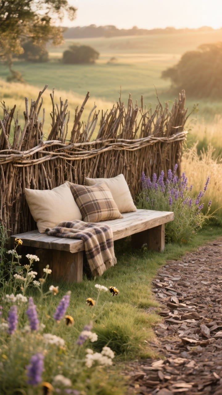 Photorealistic medium shot of a rustic willow wattle fence forming a soft, textural privacy screen with organic, interlaced branches. In front, a reclaimed pine bench layered with oatmeal cushions and a plaid wool throw. Surrounding is a mini meadow of native wildflowers, yarrow, and lavender buzzing with bees (no people). Palette: weathered brown, oat, lavender, soft meadow greens. A bark-chip path curves gently in the foreground. Golden-hour countryside mood, slight corner angle to show depth.