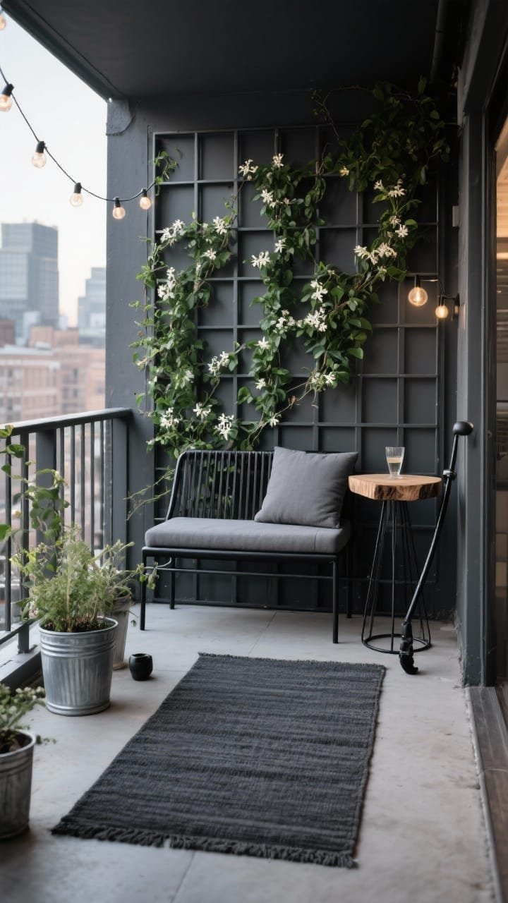 Photorealistic medium shot of an urban balcony featuring an industrial powder-coated steel grid wall used as a privacy screen, partially covered with climbing greens (jasmine/ivy) clipped to the grid. Slim black metal bench with graphite cushions sits beside a live-edge mini console used as a drink perch. Rectangular charcoal outdoor rug elongates the floor. Add galvanized planters and a matte-black watering wand leaning nearby. Clip-on string lights woven through the grid add a subtle evening sparkle. Color scheme: charcoal, graphite, deep green. Shot from a low corner angle to accentuate geometry; no people.