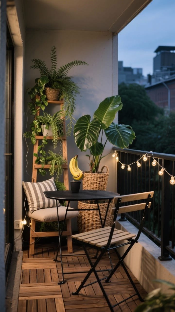 Photorealistic medium shot of an Urban Jungle Nook balcony corner at dusk: a matte black folding eucalyptus bistro set on interlocking acacia deck tiles, ladder-style plant stand loaded with trailing pothos, feathery asparagus fern, a rubber plant, and a small banana palm in a woven basket; neutral outdoor seat cushion with a striped lumbar pillow; plug-in string lights zig-zagged along the railing with removable clips; color palette deep greens, black accents, natural wood; materials matte metal, warm wood, woven baskets; captured from a slight corner angle to emphasize layered height and lush greenery, no people