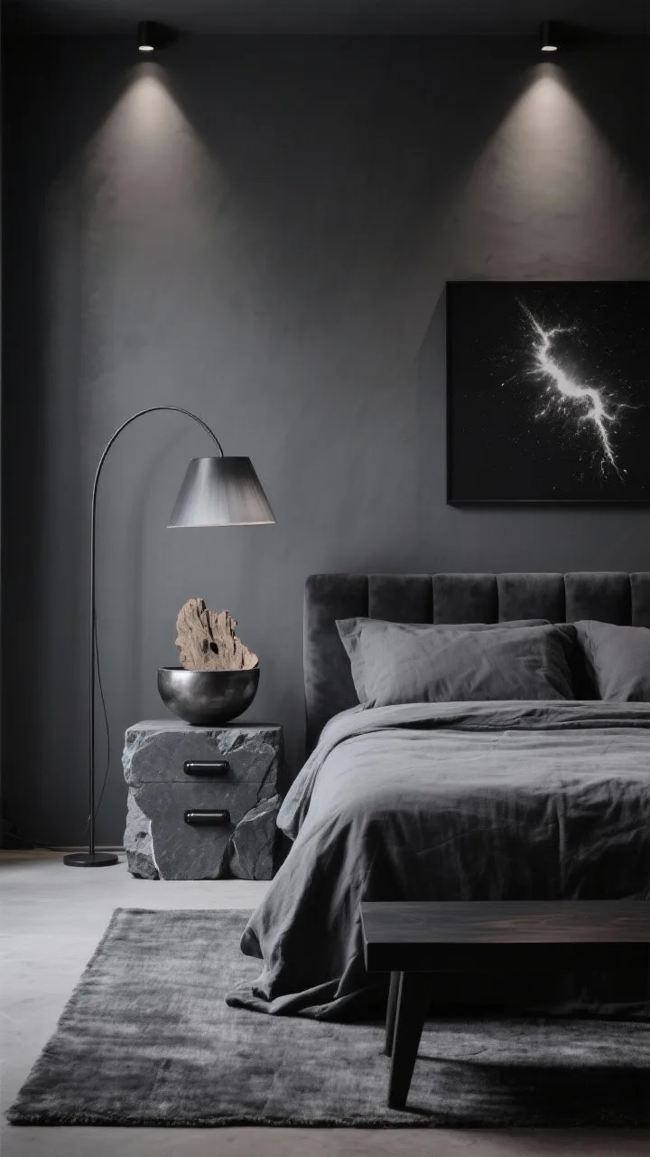 Photorealistic medium straight-on vignette of a monochrome graphite bedroom: layered charcoal-to-black palette. Soft graphite painted walls, charcoal upholstered bed with a heavy linen duvet. Stone-topped nightstand with blackened steel hardware. Pin-spot recessed lights create focused highlights; a slim arc floor lamp with a smoked shade curves over the scene. Textural materials include slate, basalt, and matte ceramic arranged as accents. On surfaces: a sculptural irregular metal bowl, a petrified wood slice, and a monochrome &ldquo;meteor&rdquo; print on the wall. Graphite wool rug underfoot and a low black ash bench at the foot of the bed. Moody, refined, artifact-like elegance, no people.