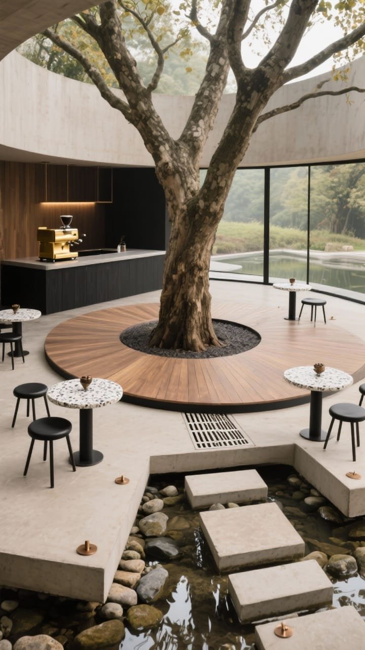 Photorealistic medium-wide, slightly elevated view of a circular deck wrapping a mature sycamore like tree rings, surrounded by several cantilevered concrete platforms hovering over river stones, each with tiny terrazzo-top tables for two and round black ash stools; a low ring roof with exposed aggregate columns supporting radial beams shelters a tucked coffee counter where a shiny brass espresso machine glows; etched drainage channels guiding rainwater to a shallow reflecting basin; warm sand-colored concrete, black ash wood, and matte bronze fixings; calm, meditative ambiance with soft natural light.